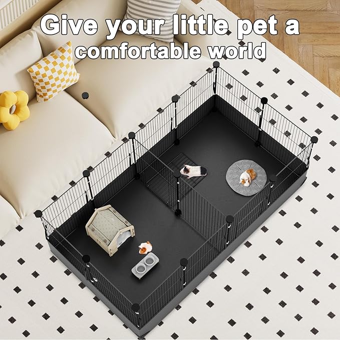 Tresbro Guinea Pig Playpen with 14 Panels &amp; Divided Room, Triple Fixing Measures Small Animal Cage with Waterproof PVC Liner &amp; One-Motion Hooks, Rabbit, Bunny, C&amp;C Grids Cage 48 x 24 x 16 Inches