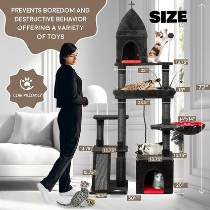 Large Cat Tree Tower for Large Cats, Cat Scratching Post, Self Grooming Post, Interactive Cat Toys, Oversized Perch and Basket, Heavy Duty 72", Black and Red
