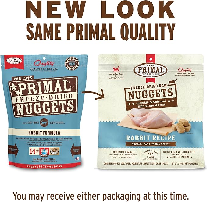 Primal Freeze Dried Raw Cat Food Nuggets Rabbit, Complete &amp; Balanced Meal or Topper, Premium, Healthy, Grain Free, High Protein Raw Cat Food with Probiotics (14 oz)