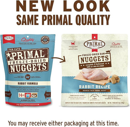 Primal Freeze Dried Raw Cat Food Nuggets Rabbit, Complete &amp; Balanced Meal or Topper, Premium, Healthy, Grain Free, High Protein Raw Cat Food with Probiotics (5.5 oz)