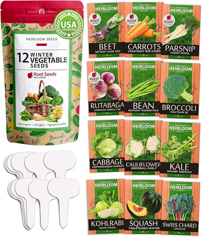 HOME GROWN 12 Winter Vegetable Seeds 𝗡𝗢𝗡-𝗚𝗠𝗢 Heirloom,Fall &amp; Winter Vegetable Seeds for Planting Home Garden: Bean, Beet, Broccoli, Cabbage, Carrot, Cauliflower, Kale,Parsnip,Squash,Chard &amp; More