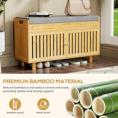 Shoe Storage Bench, Bamboo Entryway Bench with 2 Doors &amp; Padded Seat Cushion, 35.4" W x 12.6" D x 19.7" H, 2-Tier Shoe Rack with Lift Top Hidden Storage, for Entryway, Living Room, Bedroom, Natural