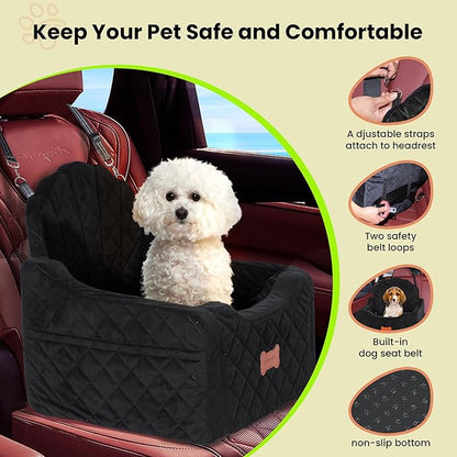 Dog Car Seat for Small Dogs Under 30lbs, Detachable Washable Pet Booster Seat with Safety Belt &amp; Storage Pockets, Travel Car Bed, Black