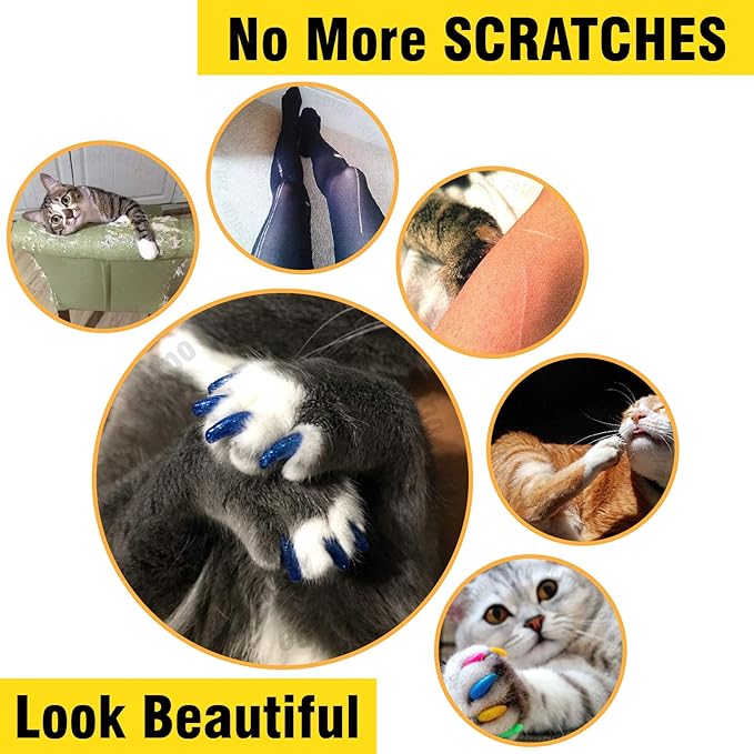 zetpo 80 pcs Cat Claw Covers | Cat Nail Caps | with Adhesives and Applicators (XS, Black, Silver, Silver Glitter, White)