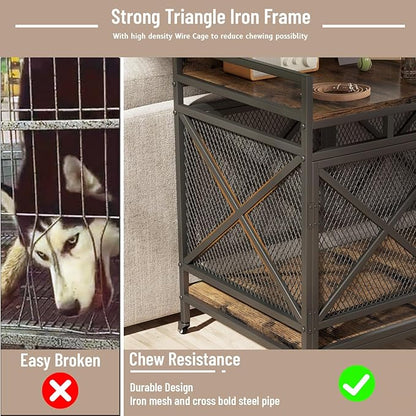 COZPAW Large Dog Crate Furniture, 48 Inch Wooden Dog Kennel for XLarge Dogs, Heavy Duty Dogs Furniture Indoor Wire Dog Cage with Caster Wheels, Decorative Pet House End Table, Brown
