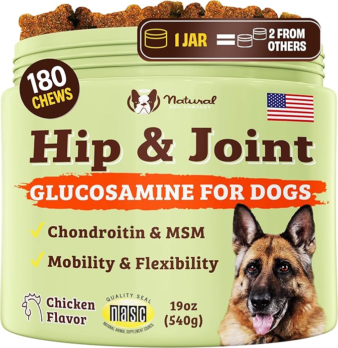 Natural Dog Company Hip &amp; Joint Chews for Dogs with Glucosamine for Dogs + Chondroitin, MSM &amp; Turmeric, Supports Mobility &amp; Reduces Discomfort, Stiffness, Natural Pain Relief Joint Supplement. 180 Ct