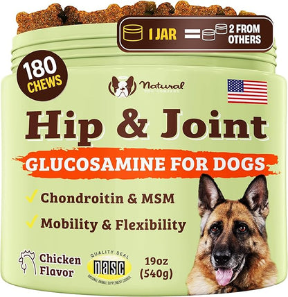 Natural Dog Company Hip &amp; Joint Chews for Dogs with Glucosamine for Dogs + Chondroitin, MSM &amp; Turmeric, Supports Mobility &amp; Reduces Discomfort, Stiffness, Natural Pain Relief Joint Supplement. 180 Ct