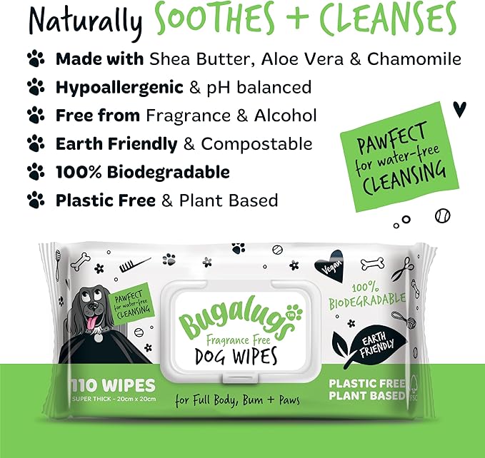 Dog Wipes, 100% Plastic Free Biodegradable pet Wipes for Full Body, Eye Wipes, Ear Wipes, Bum &amp; Paws. 110 Sensitive Dog Grooming Wipes for Dogs, Puppy &amp; cat Grooming (Fragrance Free)