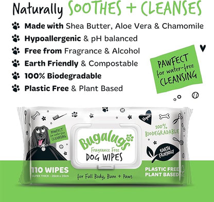 Dog Wipes, 100% Plastic Free Biodegradable pet Wipes for Full Body, Eye Wipes, Ear Wipes, Bum &amp; Paws. 110 Sensitive Dog Grooming Wipes for Dogs, Puppy &amp; cat Grooming (Fragrance Free)