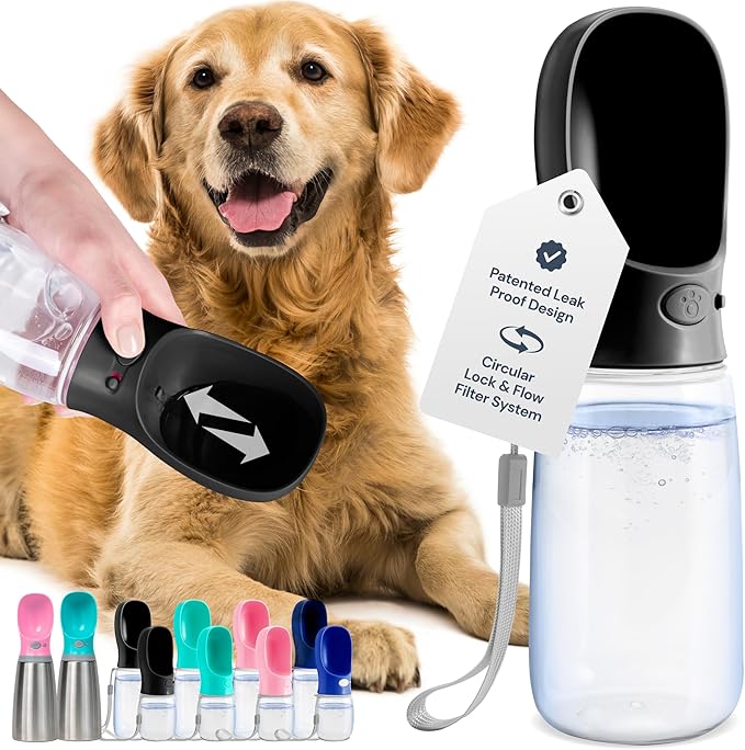 MalsiPree Dog Water Bottle - 19 Oz, Black, BPA-Free Stainless Steel - Portable &amp; Lightweight Water Dispenser with Bowl for Dogs - Leak-Proof &amp; No-Waste Design for Travel