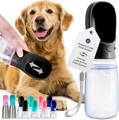 MalsiPree Dog Water Bottle - 19 Oz, Black, BPA-Free Stainless Steel - Portable &amp; Lightweight Water Dispenser with Bowl for Dogs - Leak-Proof &amp; No-Waste Design for Travel
