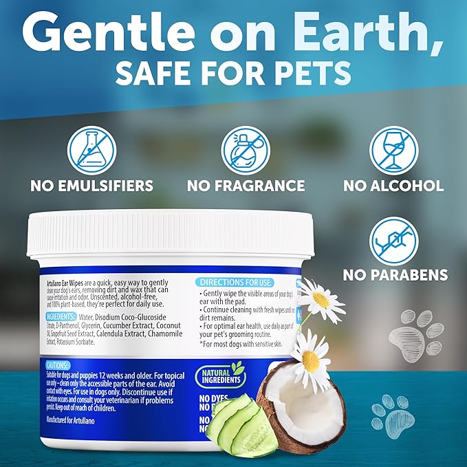 Dog Ear Wipes - 100 ct - Removes Wax and Dirt - Soothing Ear Cleaner Wipes for Dogs, Puppies - 100% Plant Based, Unscented with Coconut Oil - Ear Infection Treatment to Relief Itching &amp; Inflammation