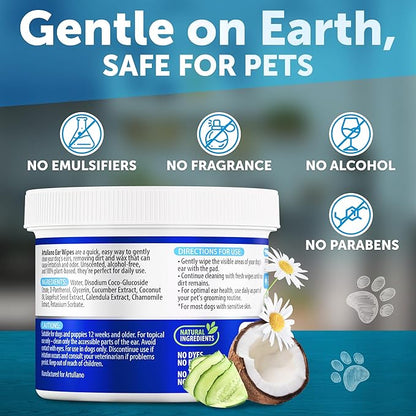 Dog Ear Wipes - 100 ct - Removes Wax and Dirt - Soothing Ear Cleaner Wipes for Dogs, Puppies - 100% Plant Based, Unscented with Coconut Oil - Ear Infection Treatment to Relief Itching &amp; Inflammation