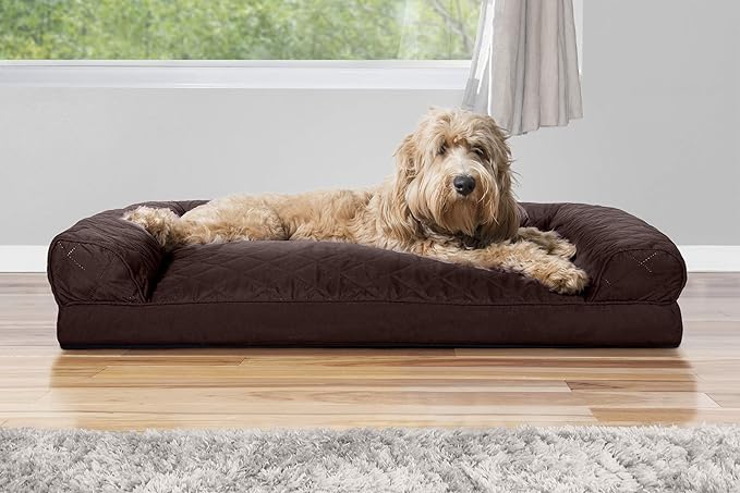 Furhaven Pillow Dog Bed for Large/Medium Dogs w/ Removable Bolsters &amp; Washable Cover - Quilted Sofa - Coffee, Large