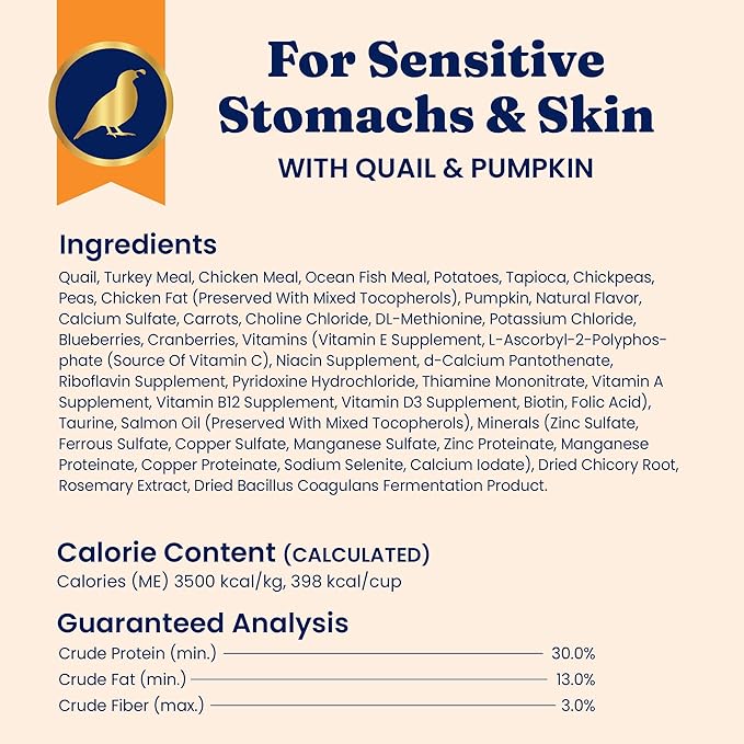 Solid Gold Sensitive Stomach Dry Cat Food - Grain Free &amp; Gluten Free Sensitive Stomach Cat Food for Indoor Adult &amp; Senior Cats - Dry Kibble for Cats w/Quail, Pumpkin &amp; Probiotics for Gut Health - 3lb