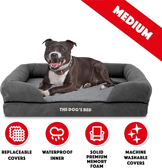 The Dog’s Bed, Medium Grey Plush Memory Foam, Pain Relief: Arthritis, Hip &amp; Elbow Dysplasia, Post Surgery, Lameness, Supportive, Calming, Washable Cover, Veterinary Approved
