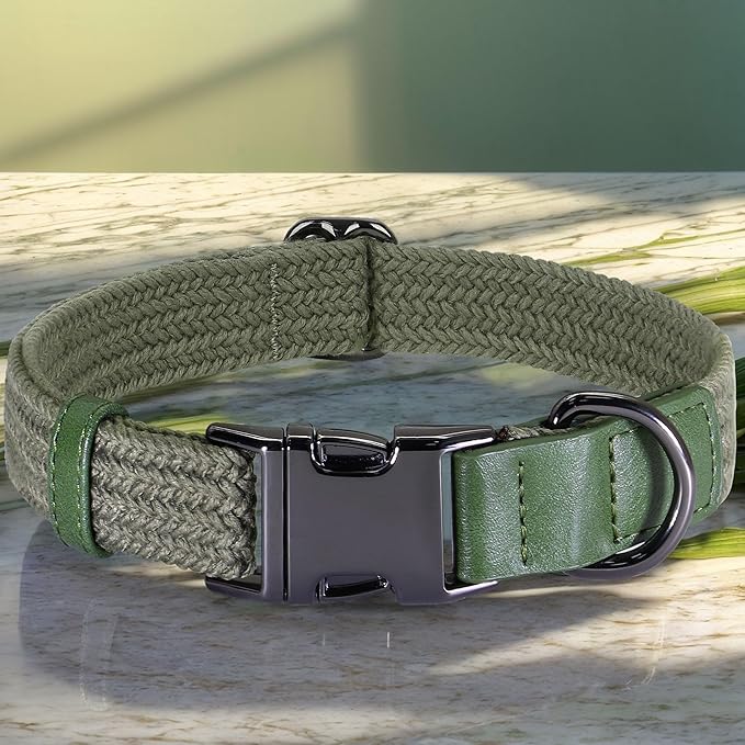 PET ARTIST Soft Cotton Dog Collar for Large Dogs in Stylish Green, Simple Dog Collar with Quick Release Metal Buckle &amp; D Ring, L Size (15-23")