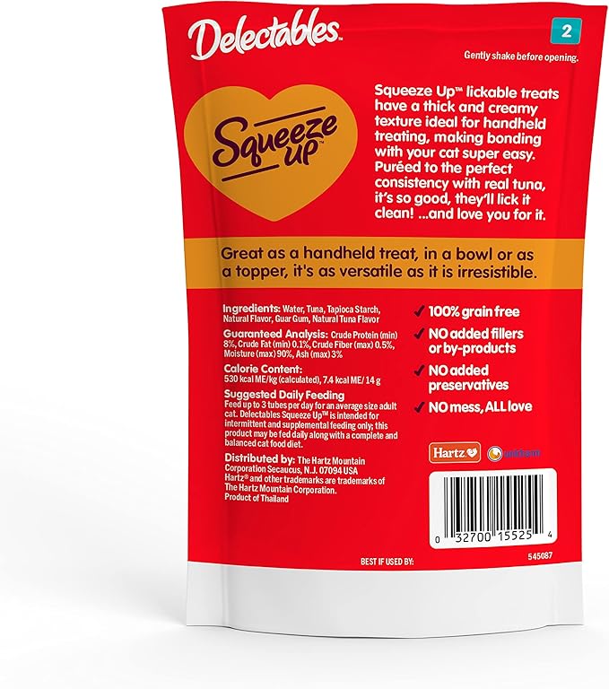 Hartz Delectables Squeeze Up Interactive Lickable Wet Cat Treats for Adult &amp; Senior Cats, Tuna, 4 Count (Pack of 8)