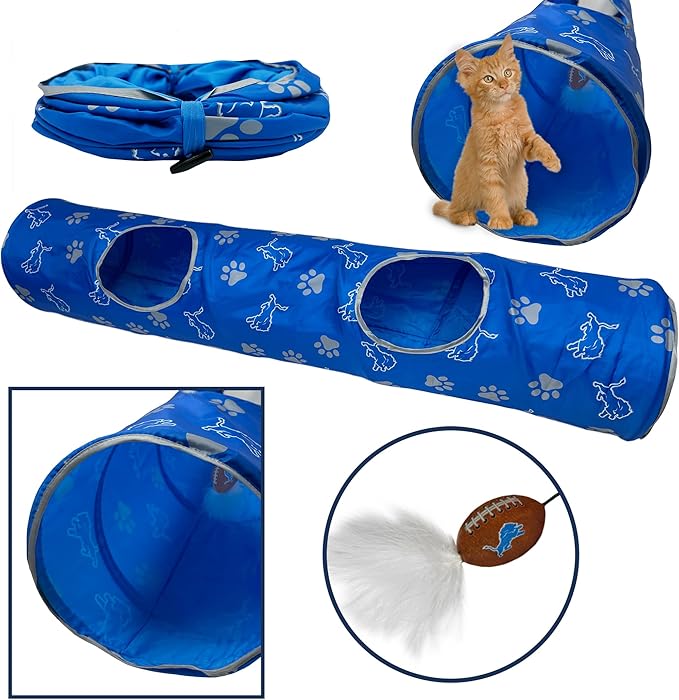 NFL Detroit Lions Cat Tunnel Tube Toy with Plush Football Catnip and Feathers Collapsible Tunnel for Cats to Play, Peek and Hide, Sporty &amp; Fun Cat Tunnel Toy with Team Logo All-Over Design!