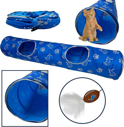 NFL Detroit Lions Cat Tunnel Tube Toy with Plush Football Catnip and Feathers Collapsible Tunnel for Cats to Play, Peek and Hide, Sporty &amp; Fun Cat Tunnel Toy with Team Logo All-Over Design!