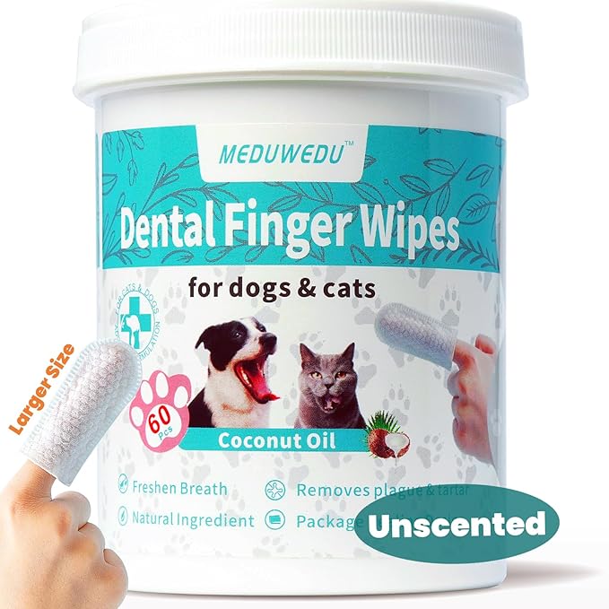 Wider Dental Care Finger Wipes 60 Counts,Teeth Cleaning Finger Wipes for Dogs &amp; Cats,Reduces Plaque &amp; Supports Oral Freshness,Small Animal Stain Removers, Unscented
