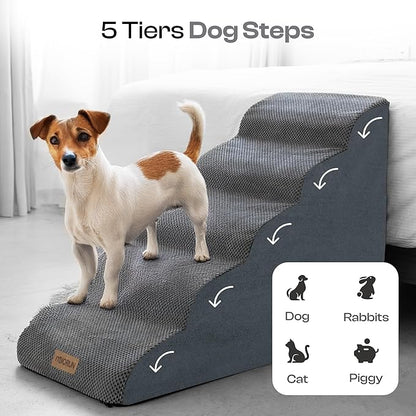 5-Step Curved Dog Stairs for High Beds Up to 30", Non-Slip Foam Pet Ramp for Large Dogs and Cats, Washable Cover, Soft Climbing Steps for Couch &amp; Sofa