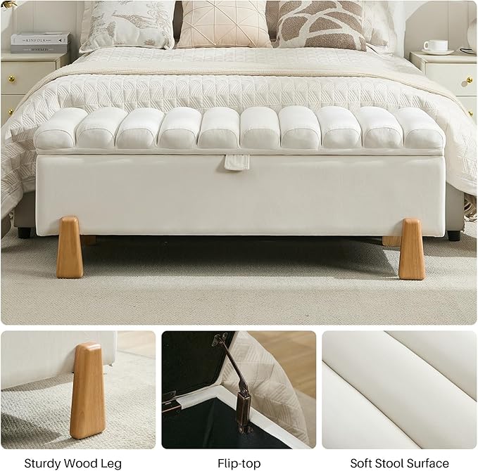 Storage Ottoman Bench for Bedroom Small Spaces 48.6 Inch with Hinged Lid Solid Wood Tapered Legs Tufted Upholstered Fabric for Living Room &amp; Bedroom, Beige