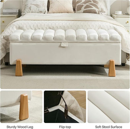 Storage Ottoman Bench for Bedroom Small Spaces 48.6 Inch with Hinged Lid Solid Wood Tapered Legs Tufted Upholstered Fabric for Living Room &amp; Bedroom, Beige