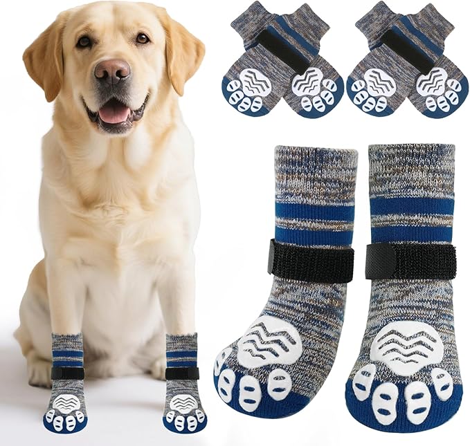PUPTECK Non-Slip Dog Socks to Prevent Licking Paws, Double Sides Dog Boots &amp; Paw Protectors Booties on Hardwood Floors Hot Pavement with Grippers, for Small Medium Large Senior Dogs, Navy Blue L