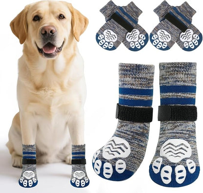 PUPTECK Non-Slip Dog Socks to Prevent Licking Paws, Double Sides Dog Boots &amp; Paw Protectors Booties on Hardwood Floors Hot Pavement with Grippers, for Small Medium Large Senior Dogs, Navy Blue L