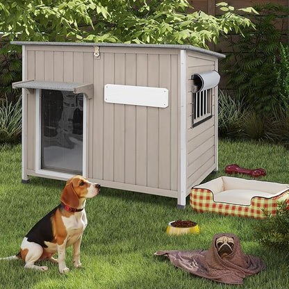 Weatherproof Outdoor Dog House, Wooden Puppy Shelter with Anti-Chewing Iron Frame and Elevated Floor, Sturdy Dog Kennel for Small, Medium &amp; Large Dogs, Grey (Gray, 40" L x 26" W x 31" H)