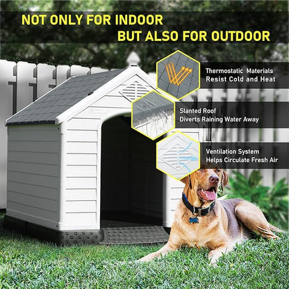 LEMBERI Durable Waterproof Plastic Dog House for Small to Large Sized Dogs, Indoor Outdoor Doghouse Puppy Shelter with Elevated Floor, Easy to Assemble (Gray, 42&