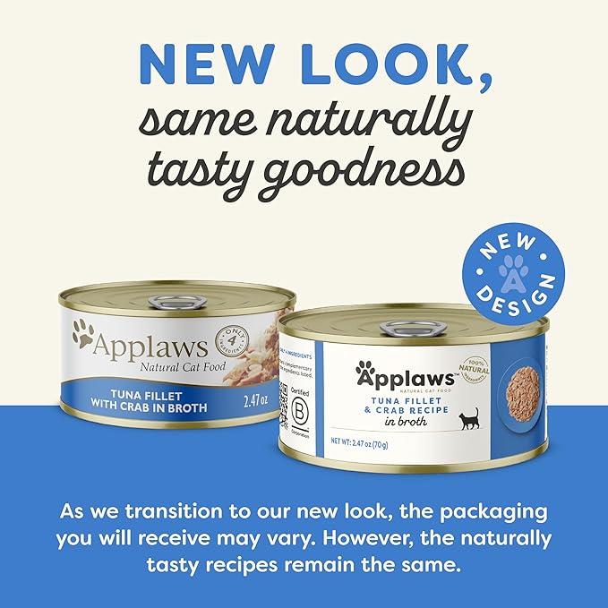 Applaws Natural Wet Cat Food in Broth, Limited Ingredient Canned Wet Cat Food, No Additives, Made with Natural Ingredients, Tuna Fillet &amp; Crab in Broth (24 x 2.47oz Cans)