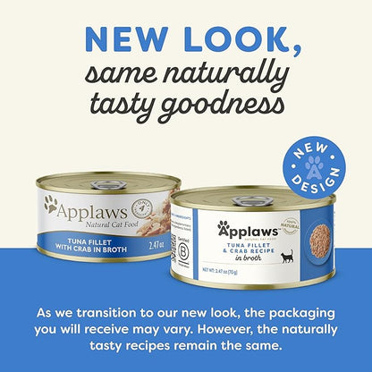 Applaws Natural Wet Cat Food in Broth, Limited Ingredient Canned Wet Cat Food, No Additives, Made with Natural Ingredients, Tuna Fillet &amp; Crab in Broth (24 x 2.47oz Cans)