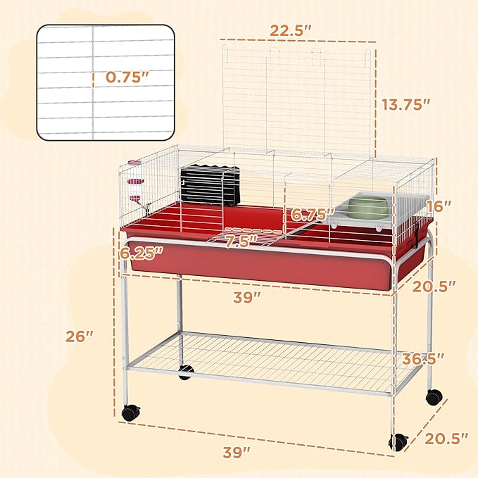 PawHut Two-Story Small Animal Cage Removable from Stand, Guinea Pig Cage with Shelf &amp; Wheels, Pet Habitat for Hedgehog, Chinchilla, Ferret, 39" x 20.5" x 36.5", Red