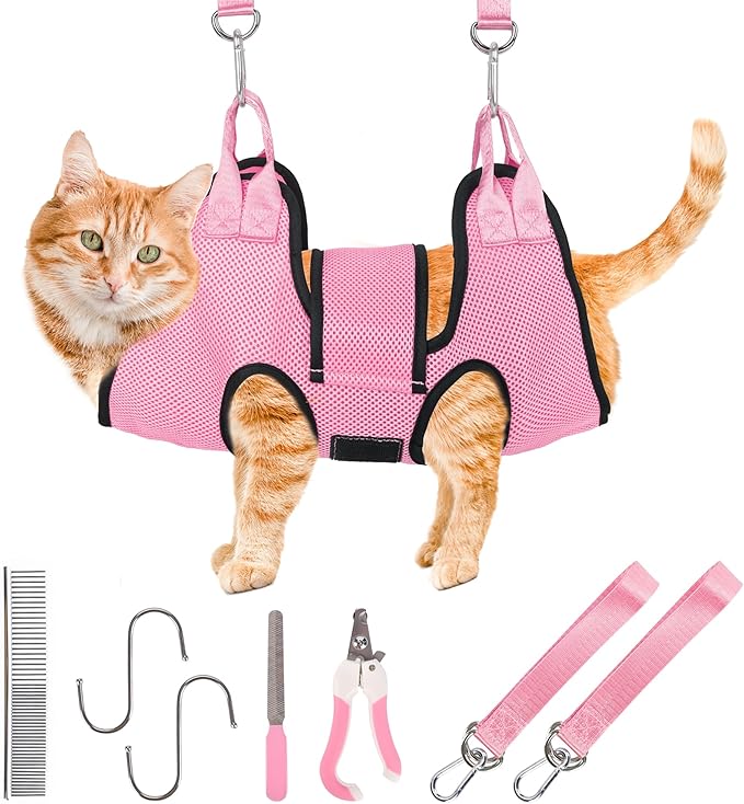 PatiencET Dog Grooming Hammock, Pet Grooming Hammock for Cats &amp; Dogs with Security Strap, Dog Sling for Nail Trimming with Nail Clippers/Trimmer, Nail File, Pet Comb(Pink XS)