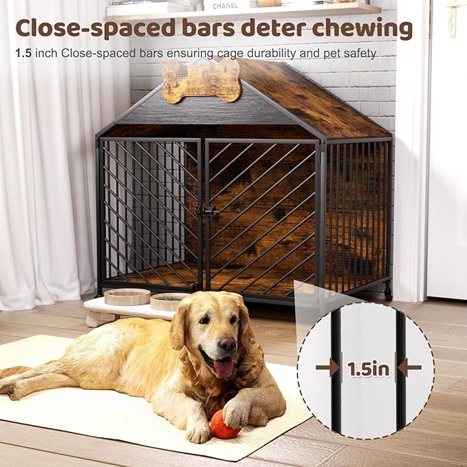 Furniture-Style Dog Crate with Gable Roof Design, Double Locking Doors Indoor Kennel for Small &amp; Medium Dogs, Chew-Proof Escape-Proof Dog Cage, Rustic Brown
