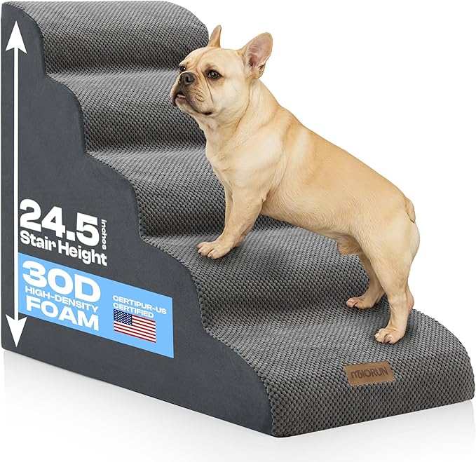 5-Step Curved Dog Stairs for High Beds Up to 30", Non-Slip Foam Pet Ramp for Large Dogs and Cats, Washable Cover, Soft Climbing Steps for Couch &amp; Sofa