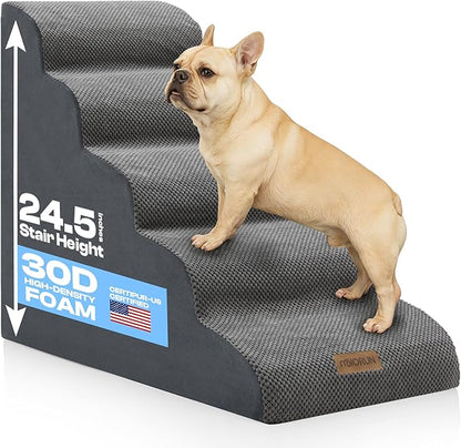 5-Step Curved Dog Stairs for High Beds Up to 30", Non-Slip Foam Pet Ramp for Large Dogs and Cats, Washable Cover, Soft Climbing Steps for Couch &amp; Sofa