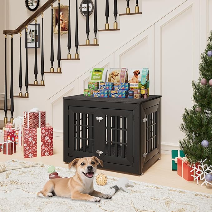 32" Heavy Duty Dog Crate Furniture for Small,Medium and Large Dogs,Rustic Wooden Dog Cage Kennel Indoor Furniture with Waterproof Top,Decorative Pet House Side End Table (Black &amp; Grey)