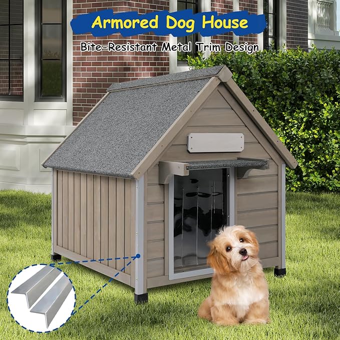 Outdoor Dog House Waterproof for Medium Small Dogs with Anti-Chewing Iron Frame, Adjustable Vent Window, Indoor &amp; Outdoor Doghouse Kennel Puppy Shelter, Easy Clean and Assemble (26" L*31.9" W*32" H)