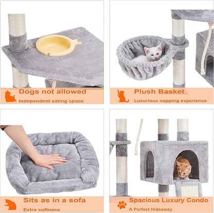 Heybly Cat Tree, Cat Tower for Indoor Cats with Scratching Board, Multi-Level Cat Furniture Condo with Feeding Bowl, Light Gray HCT010W