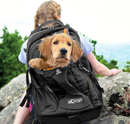 Kurgo G-Train - Dog Carrier Backpack for Small Pets - Cat &amp; Dog Backpack for Hiking, Camping or Travel - Chest Straps &amp; Hip Belt - Reflective - Two Water Bottle Sleeves - Waterproof Bottom (Black)