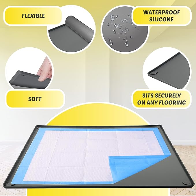 TidyFriend Dog Pee Pad Holder Tray Fits for 28” x 30” Pee Pads with Corner Lock Holes, Raised Edges, Non-Spill, Easy to Clean Silicone Dog Potty Tray Holder, for Indoor Floor Protection (Grey)