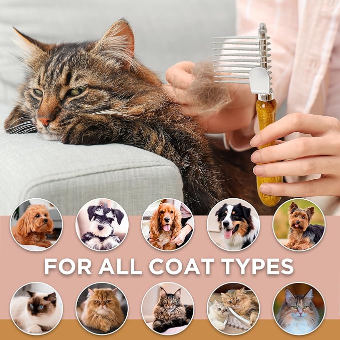 TAKAVU Dematting Fur Rake Comb Brush for Dogs &amp; Cats - Undercoat Comb with Safety Blades for Removing Knots, Mats &amp; Tangles - Grooming Tool for Poodles, Doodles, Long Haired Pets