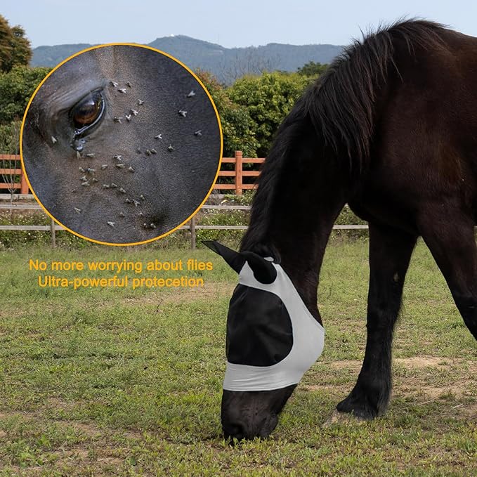 2 Piece Horse Fly Mask with Ears, Comfortable Fit Stretch Fabric Big Eye Space Soft Breathable with UV Protection for Full Horses (Purple-Gray)