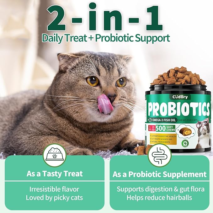 Cat Probiotics Tasty Chews for Digestive &amp; Gut Support - Crunchy &amp; Creamy Texture - Cat Gut Health, Constipation Relief, Healthy Stool, Natural Supplement for Cats, Chicken Flavor - 500 Chews