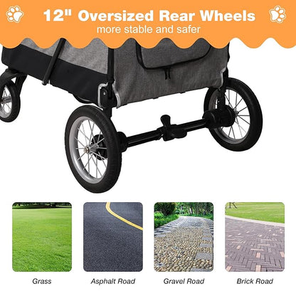 4 Wheel Pet Stroller with Storage Basket - Foldable &amp; Breathable with Mesh Skylight, Large Dog Stroller with Adjustable Handle - Ideal for Travel and Walking with Medium to Large Dogs, Up to 120 lbs