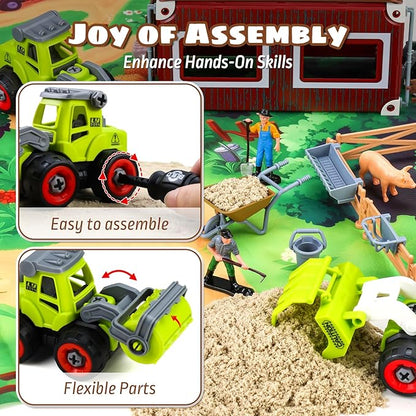 69 PCS Farm Sensory Bin Toys Playset, Sandboxes with Sand, Farmer Tractor &amp; Farm Animals Figures Toys for Kids 3 4 5, Gifts for 6 7 Years Old Boys Girls Toddlers