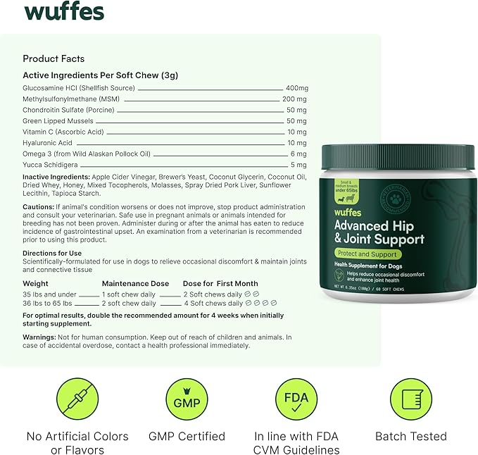 Wuffes Chewable Dog Hip &amp; Joint Supplement - Glucosamine &amp; Chondroitin Chews - Dog Joint Supplements &amp; Vitamins - Extended Joint Care (Small&amp;Medium Breeds (0-65 lbs), 180 Chews (Pack of 3))